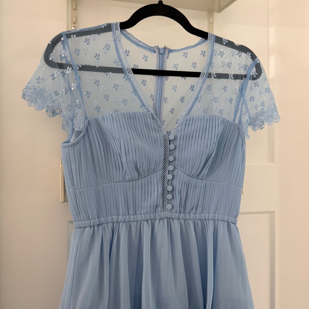 Self-Portrait Light Blue Chiffon Tiered Lace Midi Dress Pleated Short Sleeve - Picture 2 of 7